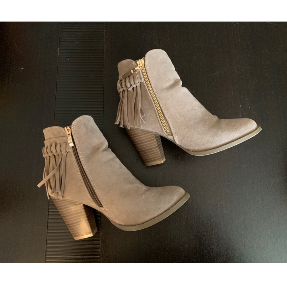 Tan Suede Booties with Fringe across back